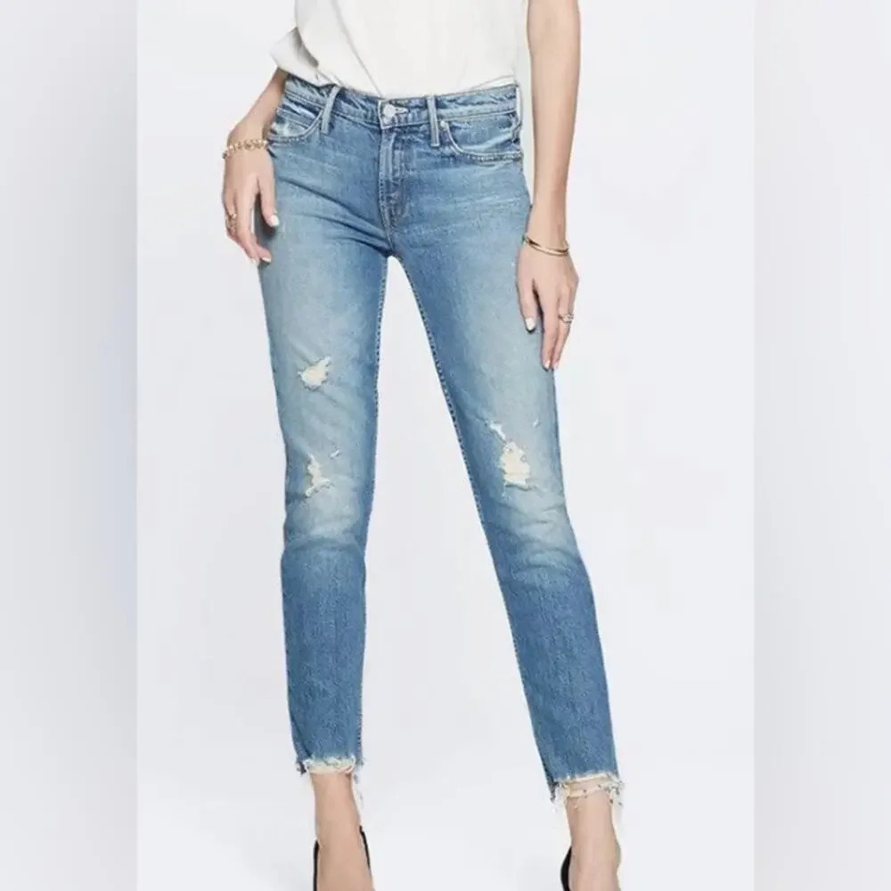 MOTHER The Flirt Fray Straight Leg Jeans Cold Feet Blue Size 24